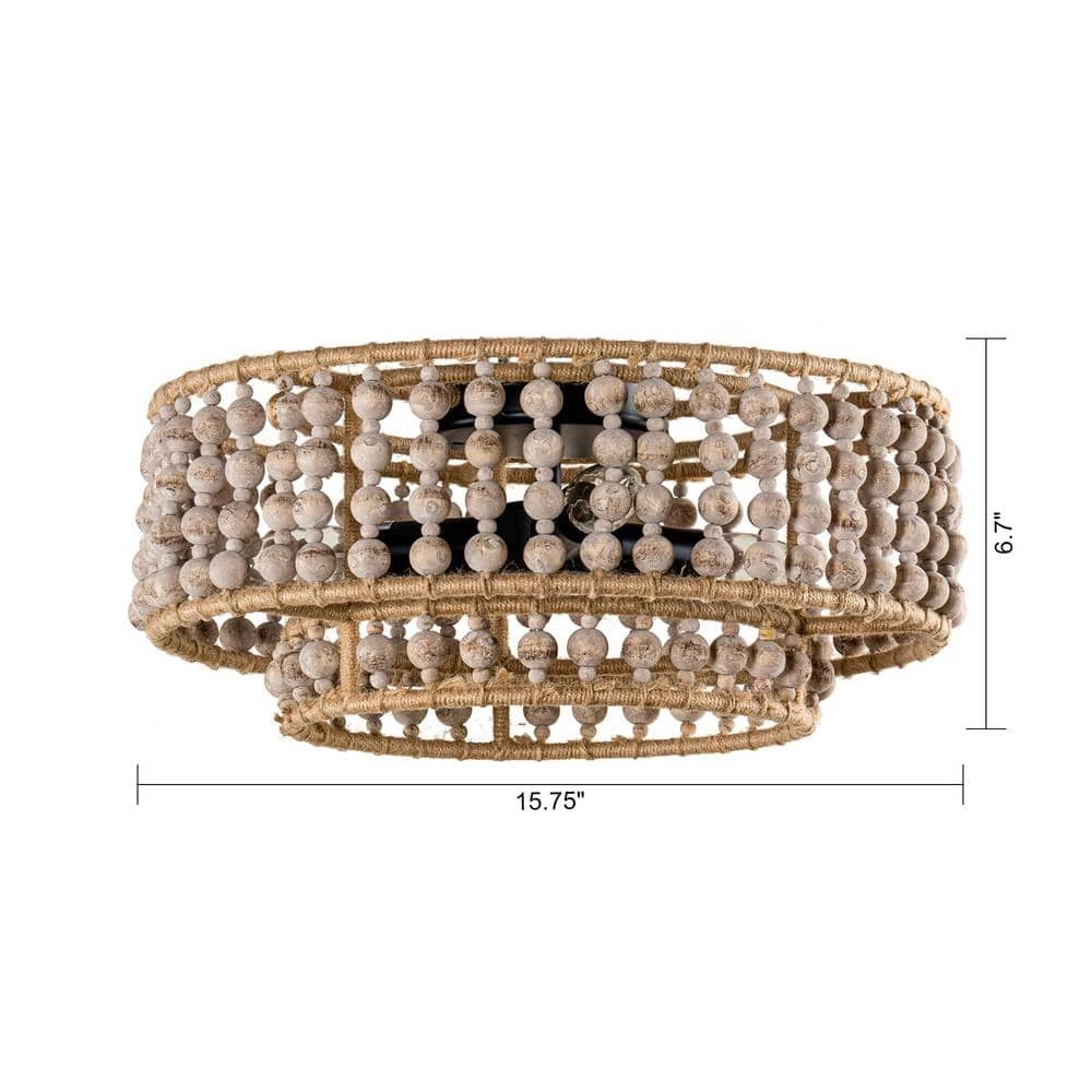 15.75 in. 3-Light Boho Distressed White Wood Beaded Tiered Flush Mount Ceiling Light for Hallway and Bedroom by Flint Garden 3 15.75 in. 3-Light Boho Distressed White Wood Beaded Tiered Flush Mount Ceiling Light for Hallway and Bedroom by Flint Garden - Image 3