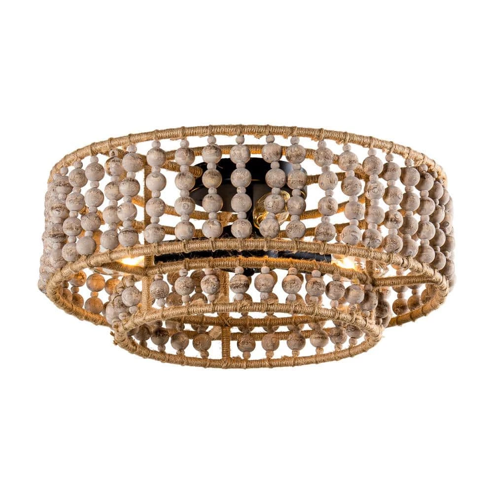 15.75 in. 3-Light Boho Distressed White Wood Beaded Tiered Flush Mount Ceiling Light for Hallway and Bedroom by Flint Garden 1 15.75 in. 3-Light Boho Distressed White Wood Beaded Tiered Flush Mount Ceiling Light for Hallway and Bedroom by Flint Garden