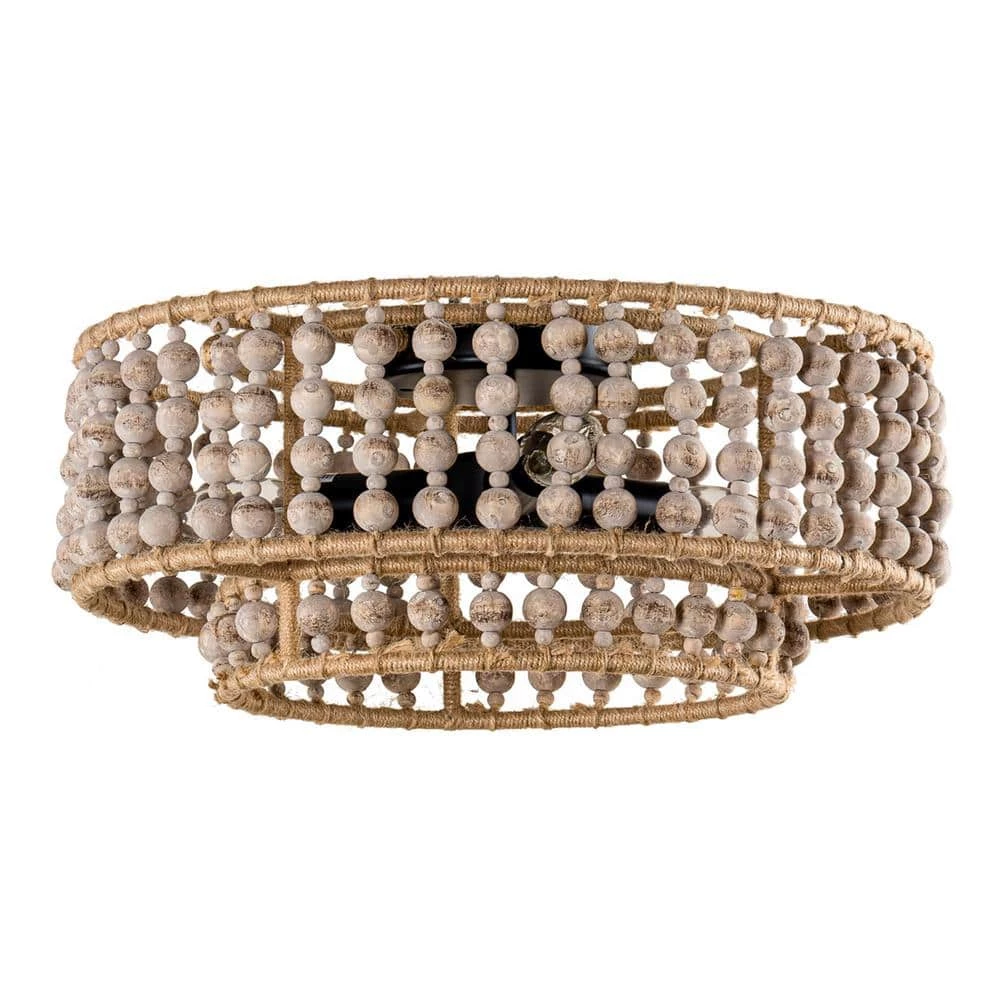 15.75 in. 3-Light Boho Distressed White Wood Beaded Tiered Flush Mount Ceiling Light for Hallway and Bedroom by Flint Garden 4 15.75 in. 3-Light Boho Distressed White Wood Beaded Tiered Flush Mount Ceiling Light for Hallway and Bedroom by Flint Garden - Image 4