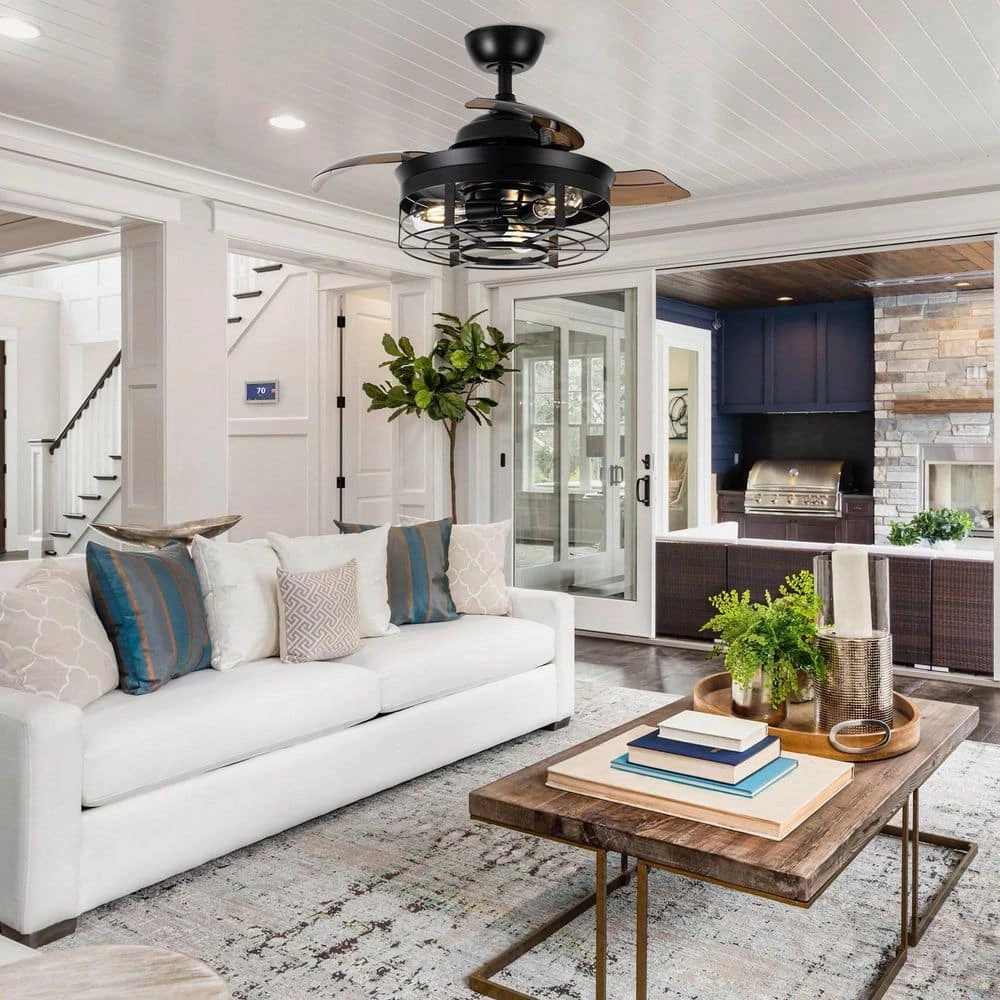 36 in. Indoor Industrial Matte Black Caged Retractable Ceiling Fan with Remote and Light Kit Included by Flint Garden 8 36 in. Indoor Industrial Matte Black Caged Retractable Ceiling Fan with Remote and Light Kit Included by Flint Garden - Image 8