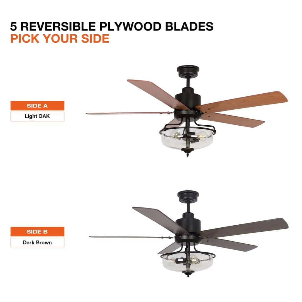 52 in. Indoor Matte Black Reversible 5-Blade Ceiling Fan with Light Kit and Remote Control by Flint Garden 4 52 in. Indoor Matte Black Reversible 5-Blade Ceiling Fan with Light Kit and Remote Control by Flint Garden - Image 4