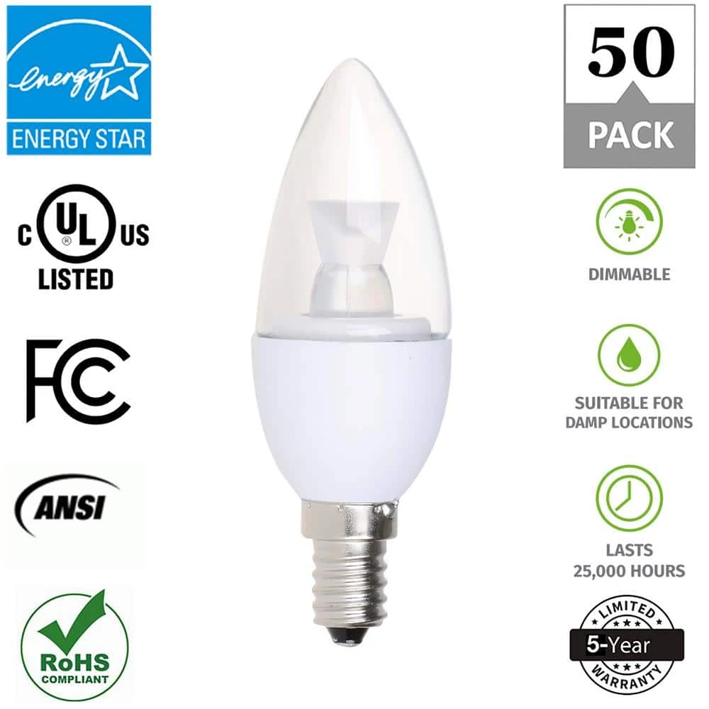 40W Equivalent Soft White 2700K Candelabra Dimmable 25,000-Hour Clear LED Light Bulb (50-Pack) by Simply Conserve 2 40W Equivalent Soft White 2700K Candelabra Dimmable 25,000-Hour Clear LED Light Bulb (50-Pack) by Simply Conserve - Image 2